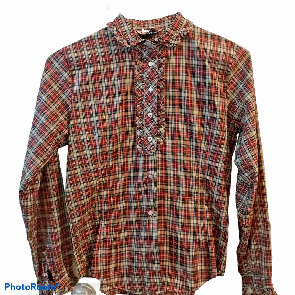 Jackson Square Plaid Ruffle Blouse Womens Medium Red Yellow Vintage Excellent